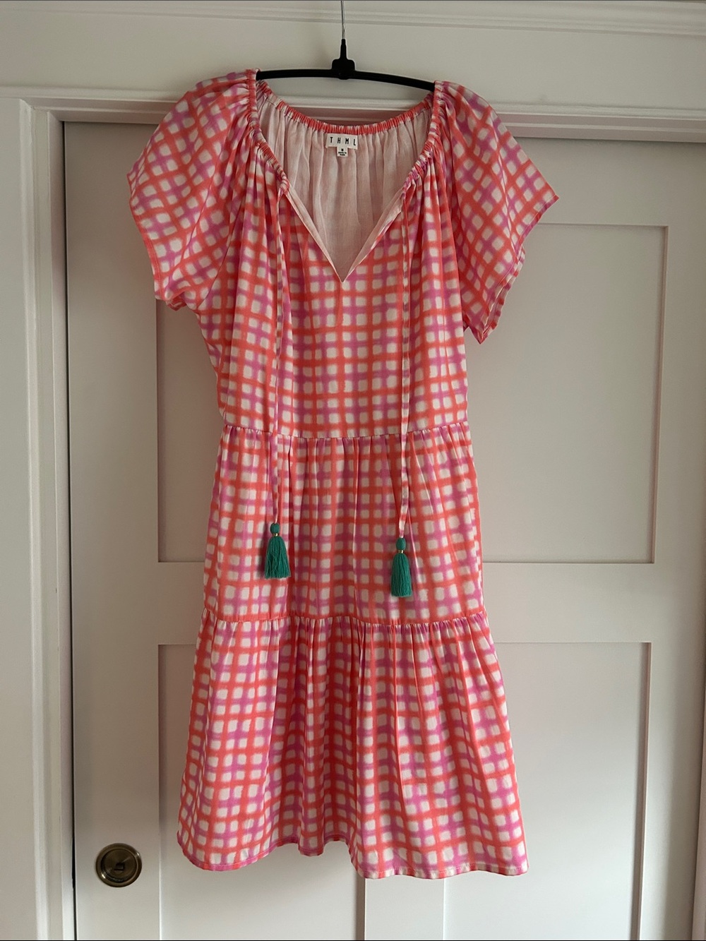 THML Pink Check Tiered Dress with Teal Tassels